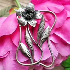 Vintage rose brooch silver tone pin flower floral art nouveau style rustic